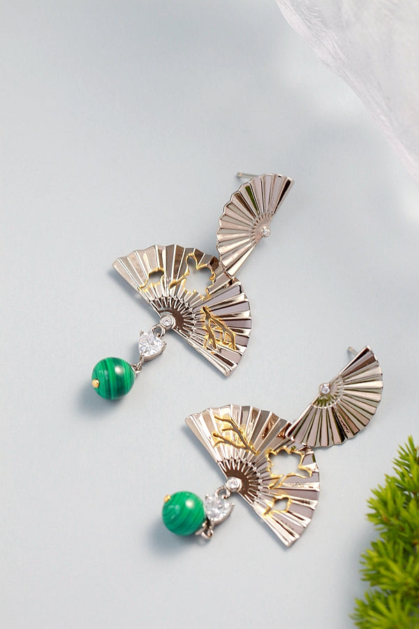 925 Sterling Silver Earring Inlaid Natural Malachite Retro National Style Antique Silver Lady Earring