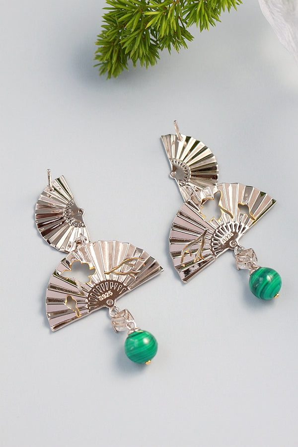 925 Sterling Silver Earring Inlaid Natural Malachite Retro National Style Antique Silver Lady Earring