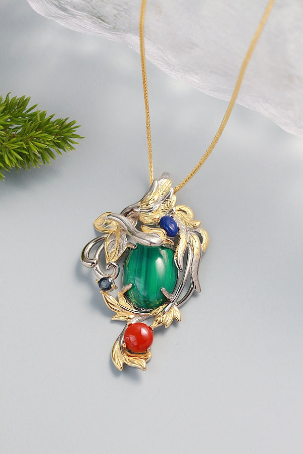 925 Sterling Silver Pendant Inlaid Natural Malachite Lapis South Red Agate Trendy Creative Pendant