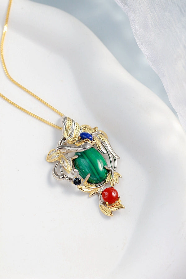 925 Sterling Silver Pendant Inlaid Natural Malachite Lapis South Red Agate Trendy Creative Pendant