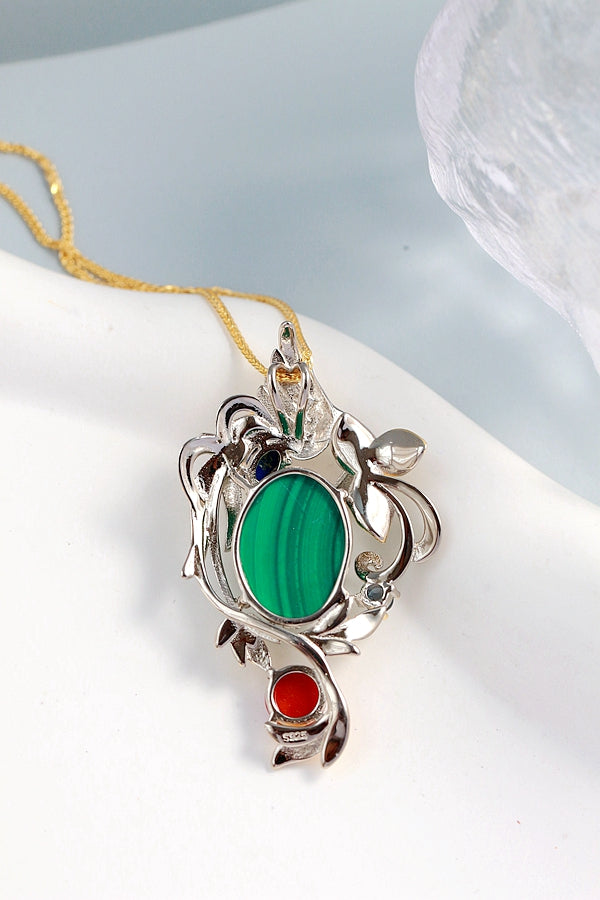 925 Sterling Silver Pendant Inlaid Natural Malachite Lapis South Red Agate Trendy Creative Pendant