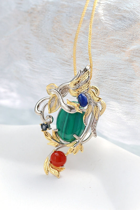 925 Sterling Silver Pendant Inlaid Natural Malachite Lapis South Red Agate Trendy Creative Pendant