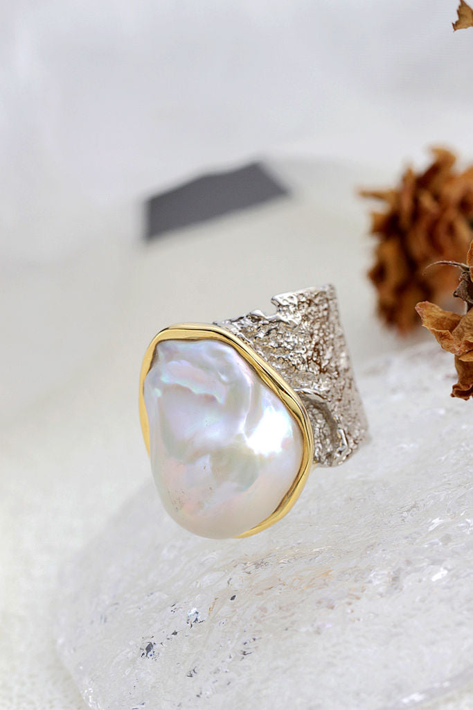 Authentic 925 Sterling Silver Ring Inlaid Natural Baroque Freshwater Pearl Vintage Open Ring Fashion High Quality Jewelry Gift