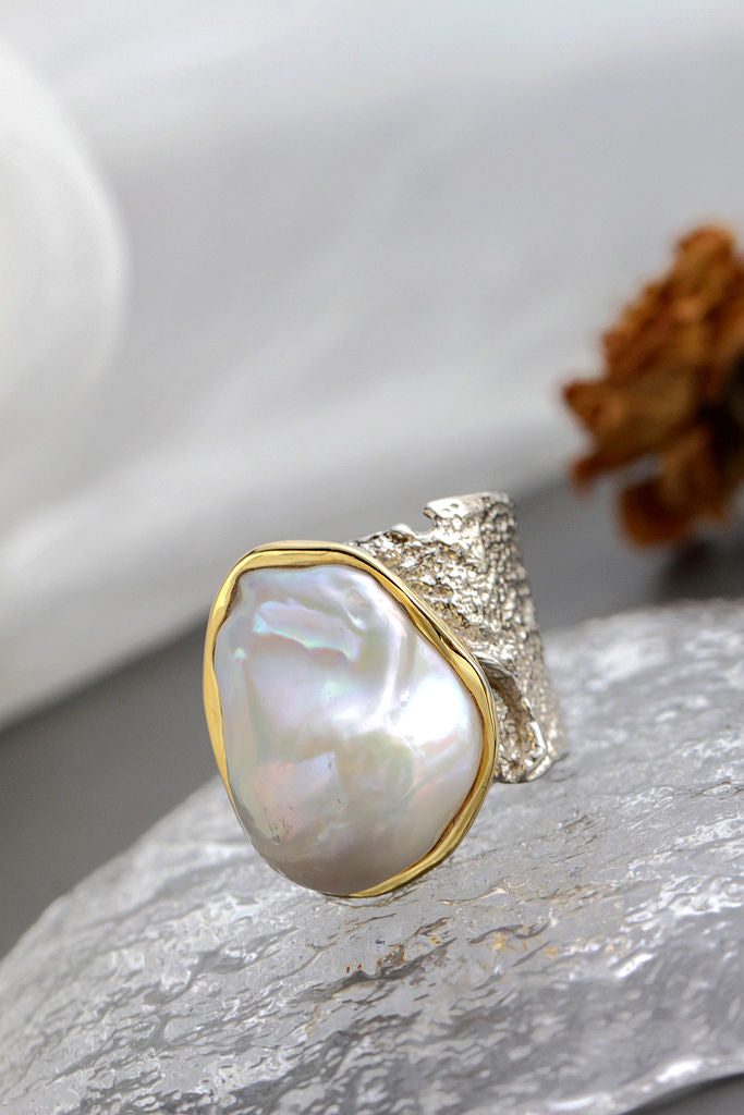 Authentic 925 Sterling Silver Ring Inlaid Natural Baroque Freshwater Pearl Vintage Open Ring Fashion High Quality Jewelry Gift