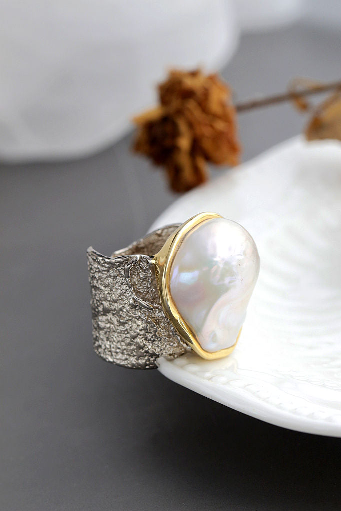 Authentic 925 Sterling Silver Ring Inlaid Natural Baroque Freshwater Pearl Vintage Open Ring Fashion High Quality Jewelry Gift