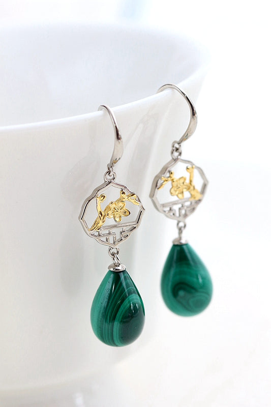 Authentic 925 Sterling Silver Earring Ethnic Retro Inlaid Natural Malachite Water Droplet Earing Lady Trendy Style Jewelry Gift