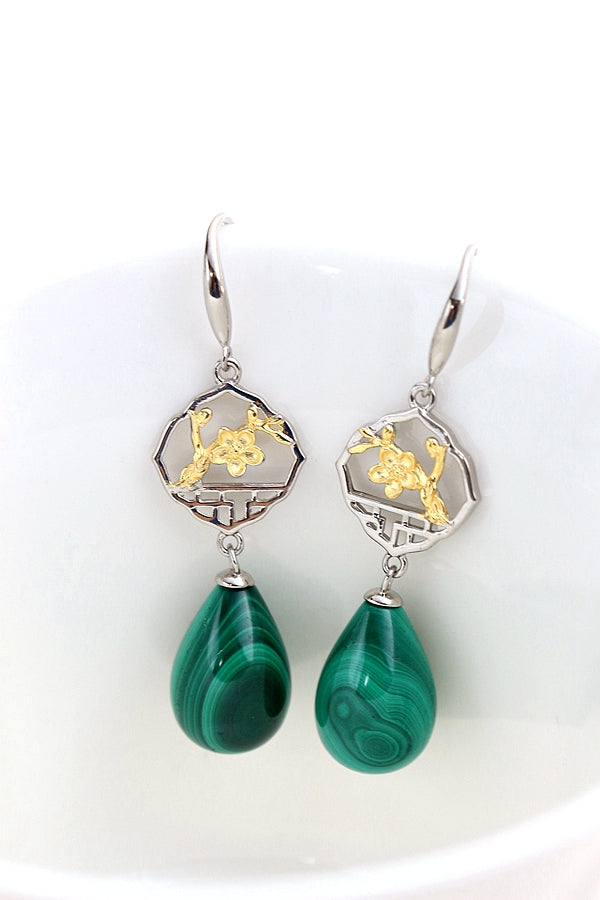 Authentic 925 Sterling Silver Earring Ethnic Retro Inlaid Natural Malachite Water Droplet Earing Lady Trendy Style Jewelry Gift