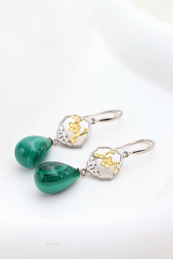 Authentic 925 Sterling Silver Earring Ethnic Retro Inlaid Natural Malachite Water Droplet Earing Lady Trendy Style Jewelry Gift