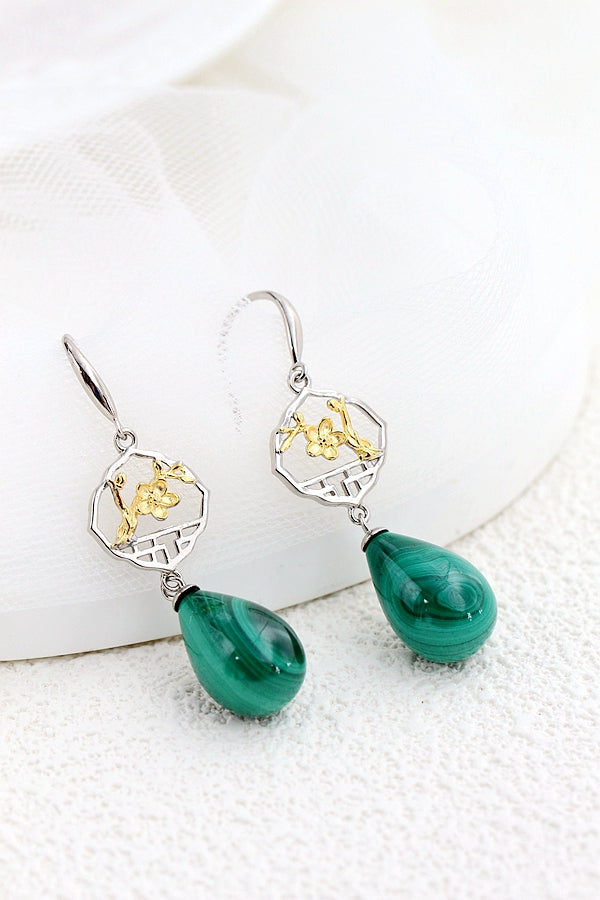 Authentic 925 Sterling Silver Earring Ethnic Retro Inlaid Natural Malachite Water Droplet Earing Lady Trendy Style Jewelry Gift