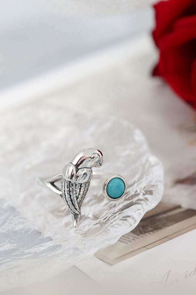 Elegance 925 Sterling Silver Rings Inlaid Natural Turquoise Retro Style Little Parrot Opening Ring Women Jewelry Gift