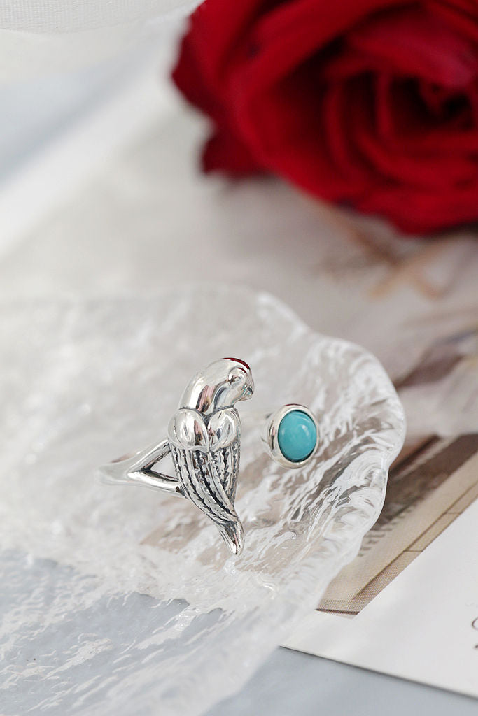 Elegance 925 Sterling Silver Rings Inlaid Natural Turquoise Retro Style Little Parrot Opening Ring Women Jewelry Gift