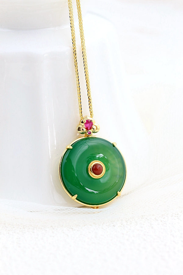 Exquisite 925 Sterling Silver Pendant Inlaid Natural Green Chalcedony 18K Gold Plated Round Pendant Retro Style Jewelry Gift