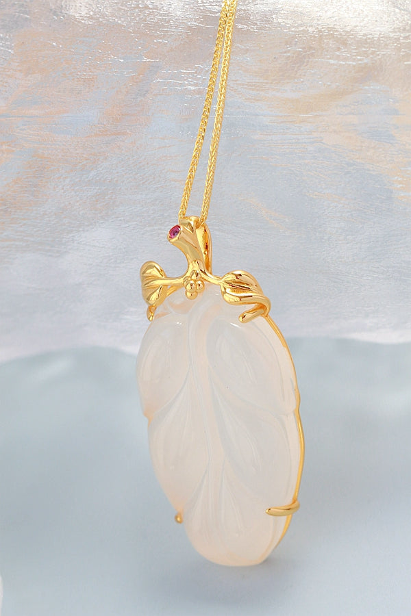 925 Sterling Silver Inlaid Natural Chalcedony Tree leaf National Style Gold Plated Pendant