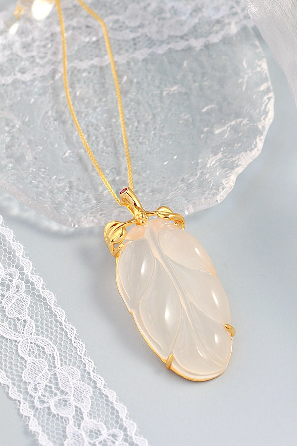 925 Sterling Silver Inlaid Natural Chalcedony Tree leaf National Style Gold Plated Pendant