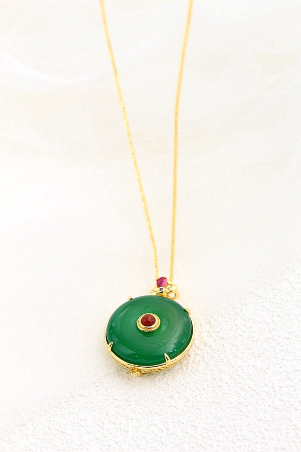 Exquisite 925 Sterling Silver Pendant Inlaid Natural Green Chalcedony 18K Gold Plated Round Pendant Retro Style Jewelry Gift