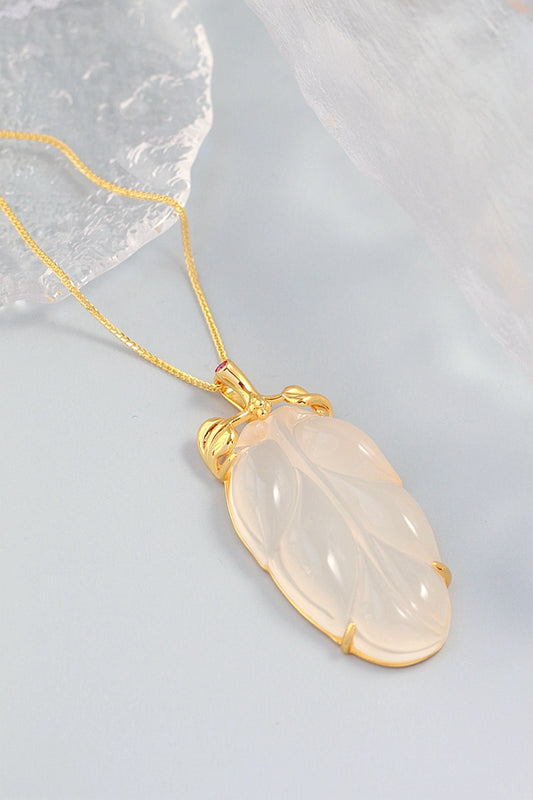 925 Sterling Silver Inlaid Natural Chalcedony Tree leaf National Style Gold Plated Pendant