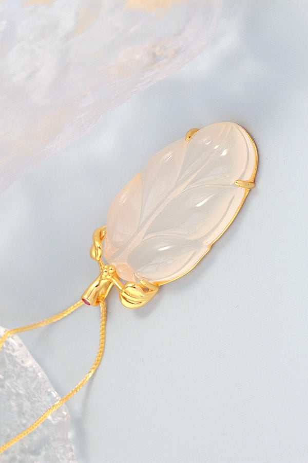 925 Sterling Silver Inlaid Natural Chalcedony Tree leaf National Style Gold Plated Pendant