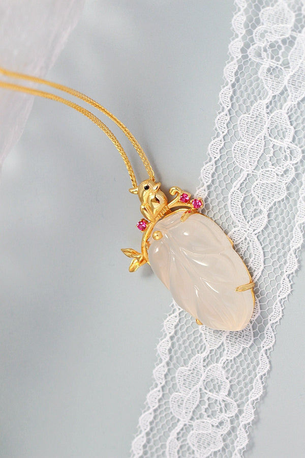 925 Sterling Silver Inlaid Natural Chalcedony Tree Leaf National Style Gold Plated Pendant
