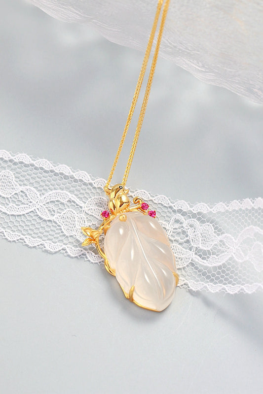 925 Sterling Silver Inlaid Natural Chalcedony Tree Leaf National Style Gold Plated Pendant