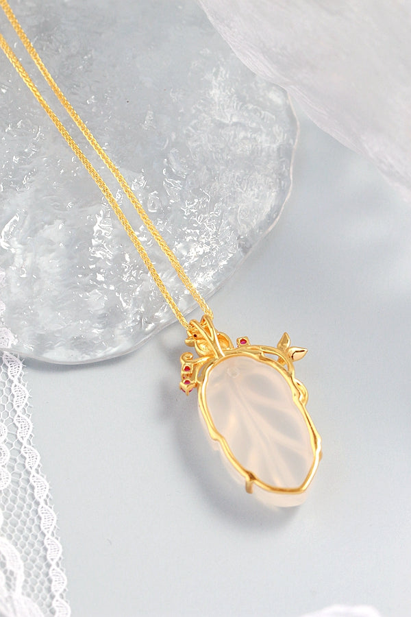 925 Sterling Silver Inlaid Natural Chalcedony Tree Leaf National Style Gold Plated Pendant