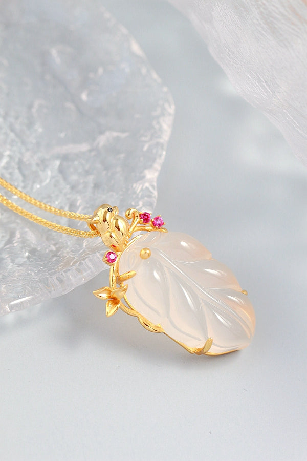 925 Sterling Silver Inlaid Natural Chalcedony Tree Leaf National Style Gold Plated Pendant