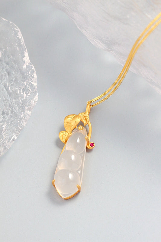 925 Sterling Silver Pendant Inlaid Natural White Chalcedony Pod National Style Antique Gilding Trendy Jewelry Gift