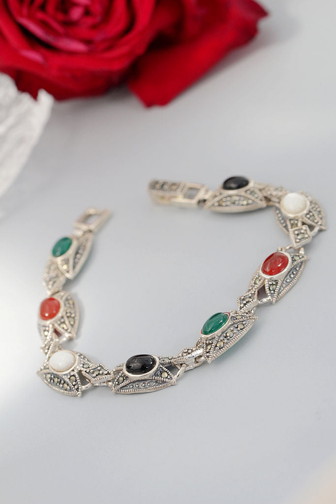 Exquisite 925 Sterling Silver Bracelet Retro Style Thai Silver Inlaid Natural Agate Shellfish Bracelet Women Fine Jewelry Gift