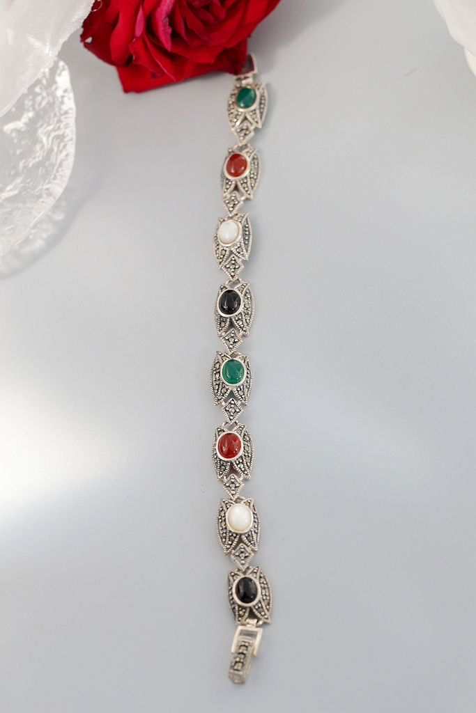 Exquisite 925 Sterling Silver Bracelet Retro Style Thai Silver Inlaid Natural Agate Shellfish Bracelet Women Fine Jewelry Gift