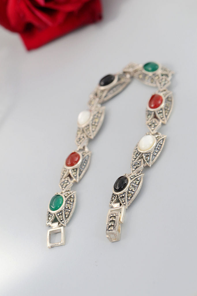 Exquisite 925 Sterling Silver Bracelet Retro Style Thai Silver Inlaid Natural Agate Shellfish Bracelet Women Fine Jewelry Gift