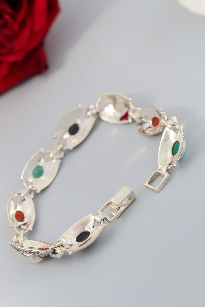 Exquisite 925 Sterling Silver Bracelet Retro Style Thai Silver Inlaid Natural Agate Shellfish Bracelet Women Fine Jewelry Gift