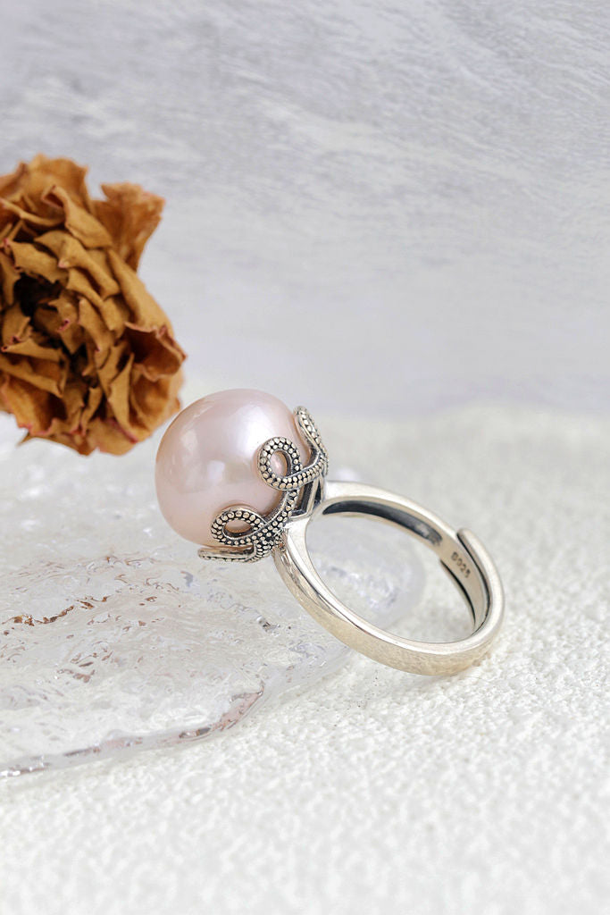 Inlaid Natural Freshwater Pearl Trendy Women Adjustable Ring Handmade Creative Delicate 925 Sterling Silver Rings Jewelry Gift