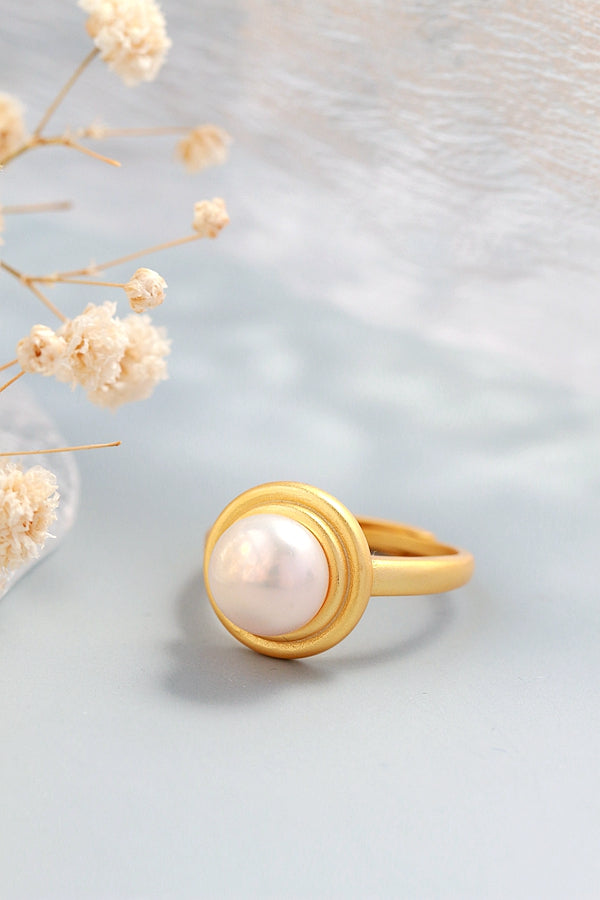 Authentic 925 Sterling Silver Rings Inlaid Natural Freshwater Pearl Fashion Round Ring Lady 18K Gold Plated Style Jewelry