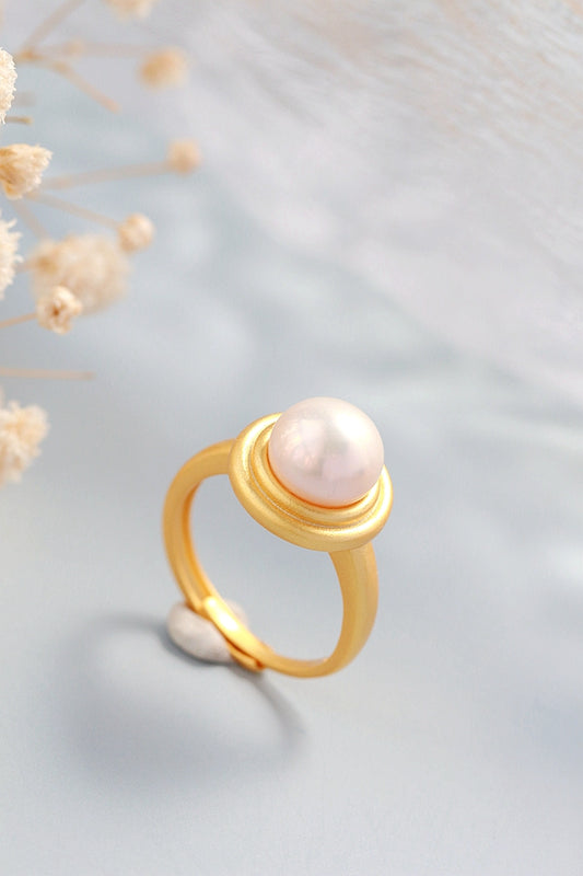 Authentic 925 Sterling Silver Rings Inlaid Natural Freshwater Pearl Fashion Round Ring Lady 18K Gold Plated Style Jewelry