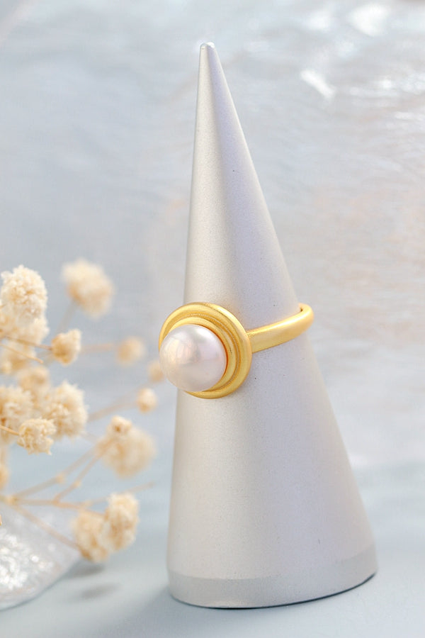 Authentic 925 Sterling Silver Rings Inlaid Natural Freshwater Pearl Fashion Round Ring Lady 18K Gold Plated Style Jewelry