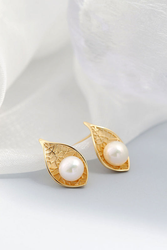 Authentic 925 Sterling Silver Earring Inlaid Natural Freshwater Pearl 18K Gold Plated Delicate leaf Earring Fashion Elegance