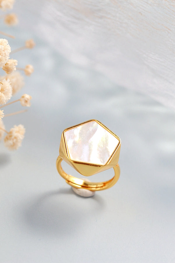 Authentic 925 Sterling Silver Ring Inlaid Natural Pearl Shell 18K Gold Plated Rings Geometric Design Fashion Style Jewelry Gift