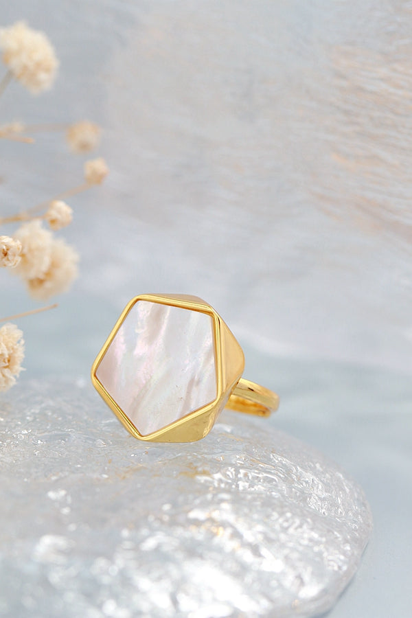 Authentic 925 Sterling Silver Ring Inlaid Natural Pearl Shell 18K Gold Plated Rings Geometric Design Fashion Style Jewelry Gift