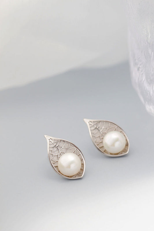 Authentic 925 Sterling Silver Earring Inlaid Natural Freshwater Pearl Delicate leaf Earring Fashion Elegance Jewelry Gift