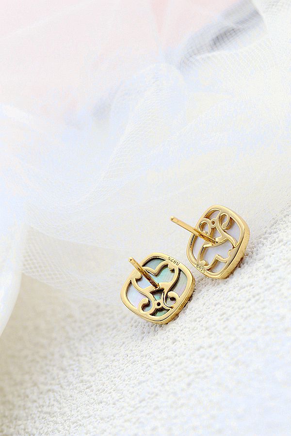Authentic 925 Sterling Silver Earstuds Inlaid Natural Pearl Shellfish Geometric Square 18K Gold Plated Earrings Jewelry Gift