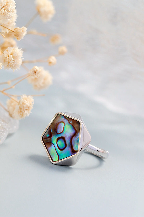 Natural Abalone Shell Ring Classic Hot Sale Geometric Creative Design 925 Sterling Silver Open Ring Fashion Women Jewelry Gift