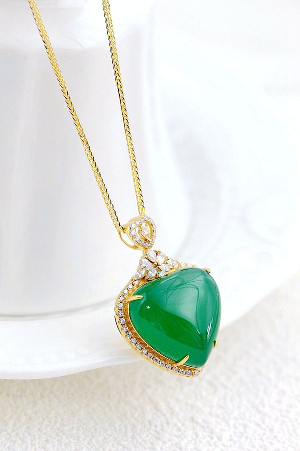 Authentic 925 Sterling Silver Pendant Inlaid Natural Green Chalcedony Heart Shaped 18K Gold Plated Pendants Lady Jewelry Gift