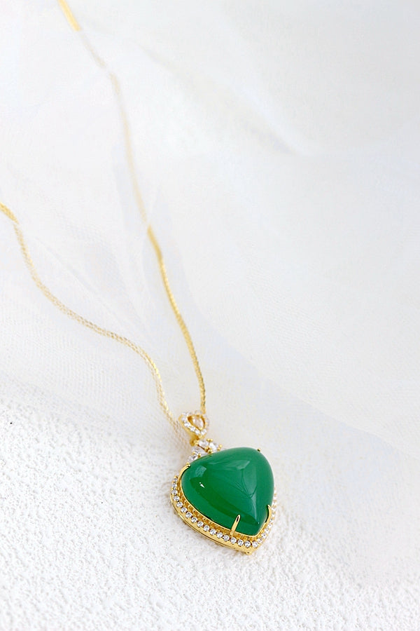 Authentic 925 Sterling Silver Pendant Inlaid Natural Green Chalcedony Heart Shaped 18K Gold Plated Pendants Lady Jewelry Gift