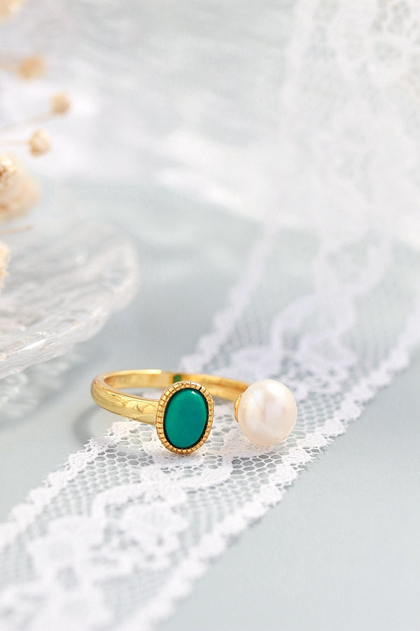Elegance Women 925 Sterling Silver Ring Inlaid Natural Freshwater Pearl Synthetic Turquoise Trendy 18K Gold Plated Open Rings