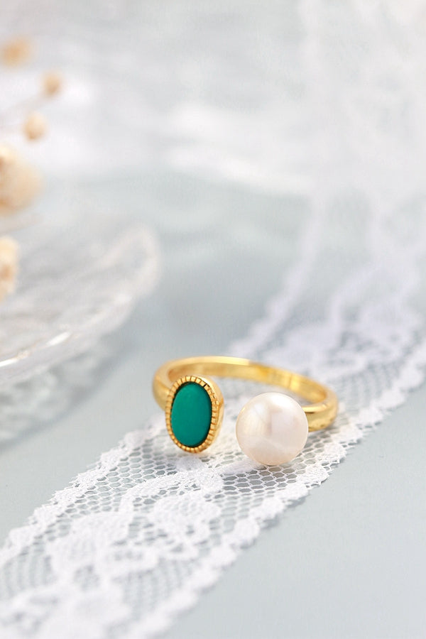 Elegance Women 925 Sterling Silver Ring Inlaid Natural Freshwater Pearl Synthetic Turquoise Trendy 18K Gold Plated Open Rings