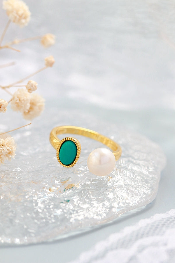 Elegance Women 925 Sterling Silver Ring Inlaid Natural Freshwater Pearl Synthetic Turquoise Trendy 18K Gold Plated Open Rings