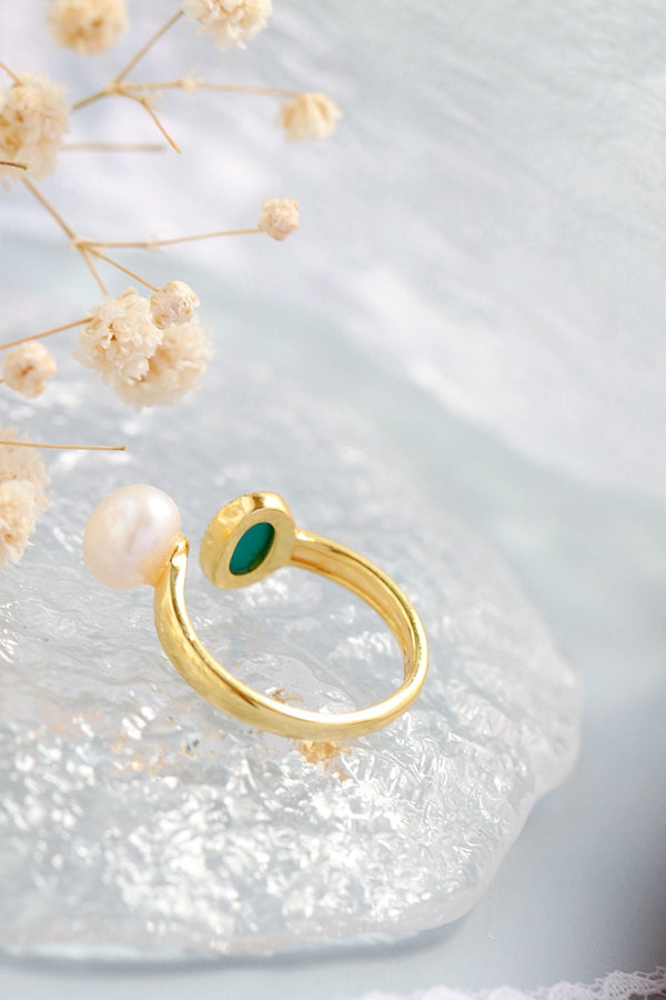 Elegance Women 925 Sterling Silver Ring Inlaid Natural Freshwater Pearl Synthetic Turquoise Trendy 18K Gold Plated Open Rings
