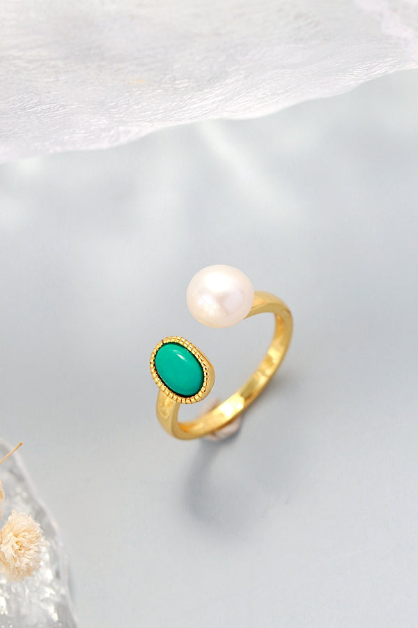 Elegance Women 925 Sterling Silver Ring Inlaid Natural Freshwater Pearl Synthetic Turquoise Trendy 18K Gold Plated Open Rings
