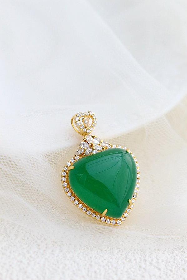 Authentic 925 Sterling Silver Pendant Inlaid Natural Green Chalcedony Heart Shaped 18K Gold Plated Pendants Lady Jewelry Gift
