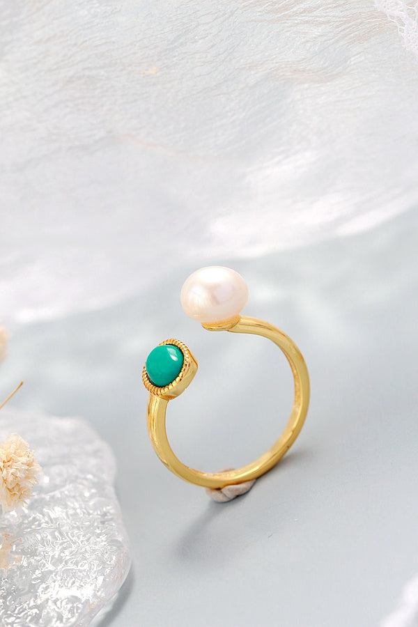 Elegance Women 925 Sterling Silver Ring Inlaid Natural Freshwater Pearl Synthetic Turquoise Trendy 18K Gold Plated Open Rings