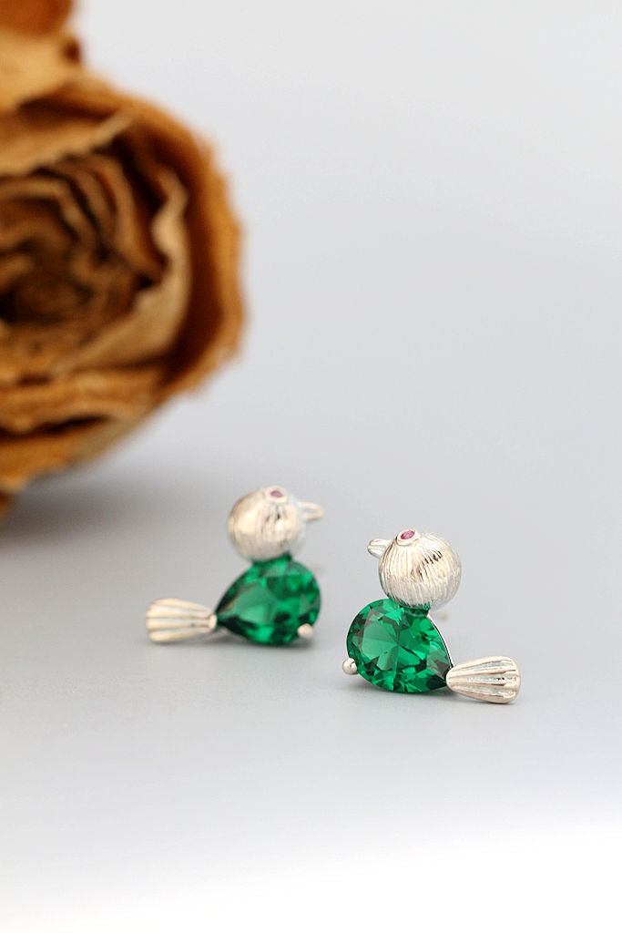 Authentic 925 Sterling Silver Earstuds Inlaid Green Rhinestone Lovable Little Birdie Earring Women Fashion Style Jewelry Gift